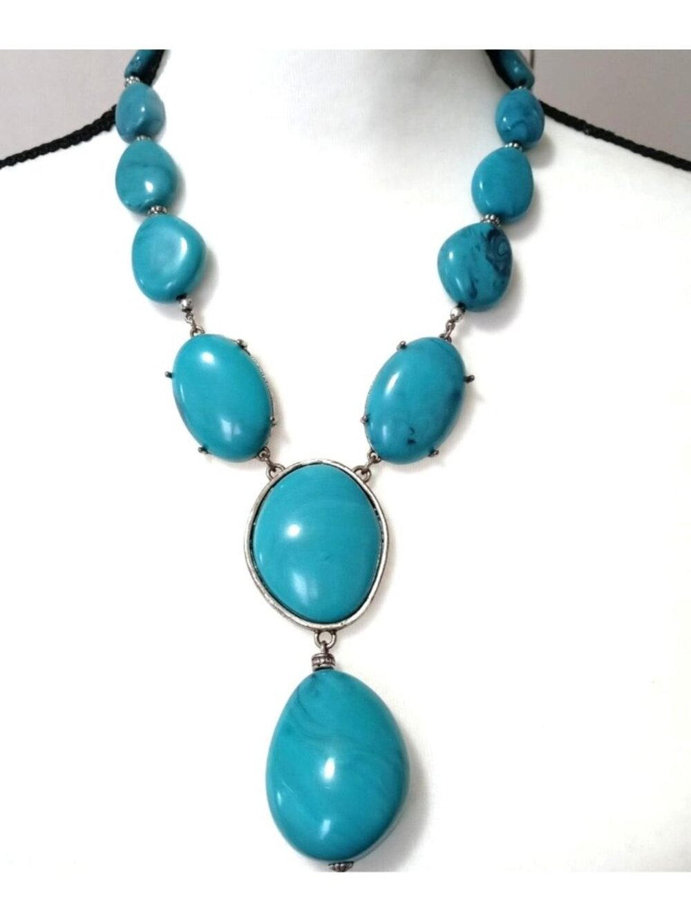 Vibrant Turquoise Blue Cabochon Necklace Y Drop Boho Chic Big Bold Acrylic Beads